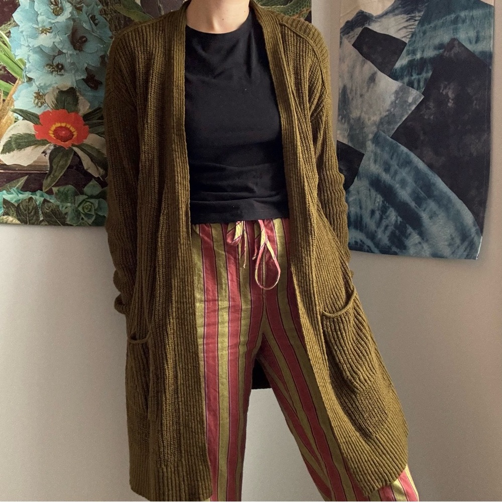 Olive Green Oversized Knit Open Cardigan